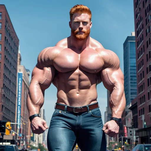 Prompt: Big huge giant strongest muscular mighty invincible super hero gay dream handsome daddy. Strong muscular man with giant size muscle. 999 arm. 999 inch chest. 999 inch legs. 99999 kg. Tall. Big pumped chest, big muscular legs. Very wide shoulders, big round shoulders, strong, masculine, hairy, abs. Handsome, daddy, ginger. Strongest man alive. Chunky. Bulking. Realistic. Hottest man alive.
