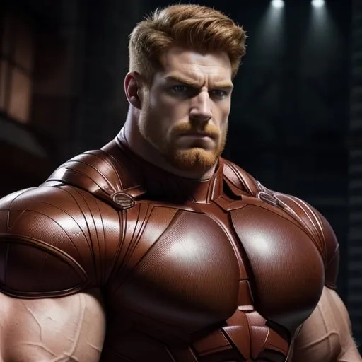 Prompt: Digital art of a massive, muscular, military man with ginger hair, superhero-themed, close-up shot, extremely masculine, huge pumped pecs, bulging biceps, v-shaped torso, wide shoulders, small waist, ripped physique, muscle morphing, strong facial features, short hairs, high-res, detailed, masculine, superhero, close-up, powerful, intense lighting