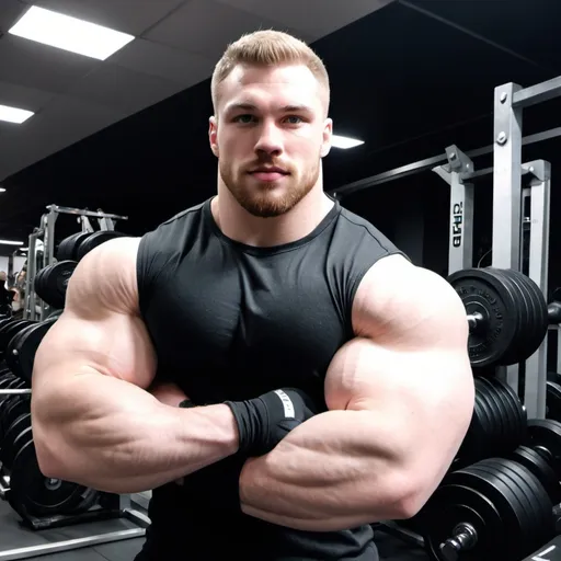 Prompt: Black spandex Biggest bicep flex ever. Huge muscular bodybuilder with giant muscle 120 cm bicep flex. 200 kg. Super Tall. Very strong, hairy body. Handsome and masculine. Big muscles. Black tight clothes. Young, blonde, buff. Realistic. Bulk. Chubby