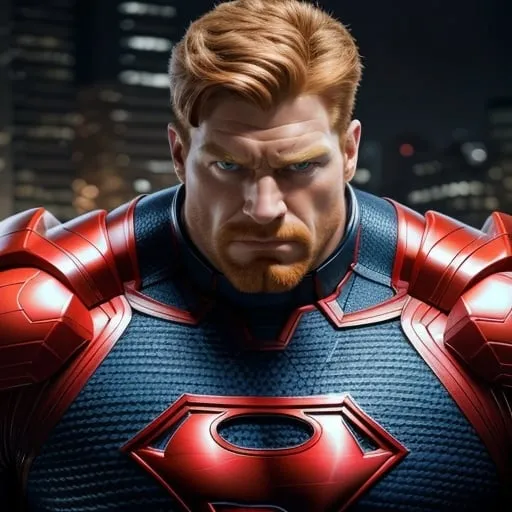 Prompt: Digital art of a massive, muscular, military man with ginger hair, superhero-themed, close-up shot, extremely masculine, huge pumped pecs, bulging biceps, v-shaped torso, wide shoulders, small waist, ripped physique, muscle morphing, strong facial features, short hairs, high-res, detailed, masculine, superhero, close-up, powerful, intense lighting