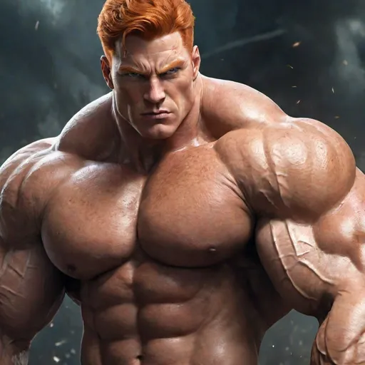 Prompt: Digital art of a massive, muscular, military man with ginger hair, superhero-themed, close-up shot, extremely masculine, huge pumped pecs, bulging biceps, v-shaped torso, wide shoulders, small waist, ripped physique, muscle morphing, strong facial features, short hairs, high-res, detailed, masculine, superhero, close-up, powerful, intense lighting