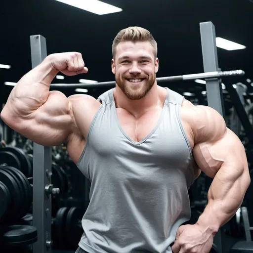 Prompt: Biggest bicep flex ever. Huge muscular bodybuilder with giant muscle, arm close up. Big muscle pecs. 200 cm bicep flex. 200 kg. Super Tall. Very strong, hairy body. Handsome and masculine. Big muscles. Young, blonde, buff. Realistic, smiling, cute. Bulk. Chubby