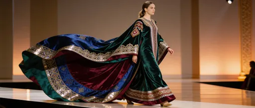 Prompt: @iG74S8jASAh0ExrQvQoR Catwalk on the stage showing Islamic Arabian fashion set for a whole set of famous Arabian Textiles of full body fashion
