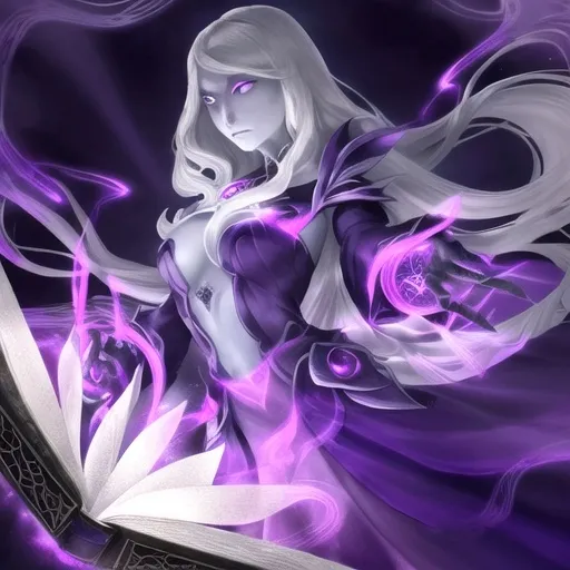 Prompt: A female drow with light grey skin wizard of the Order of the Scribes, (elegant pose), surrounded by swirling (purple magical energy), a glowing (floating book) hovering gracefully above her hand, intricate robe details, (mystical ambiance), dramatic lighting highlighting her features, richly textured background with arcane elements, (highly detailed), captivating fantasy atmosphere, (HD quality), vibrant and enchanting aura, evoking a sense of wonder and magic.