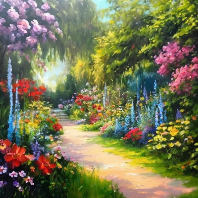 Prompt: Beautiful garden with a wide variety of flowers in a oil paint type art