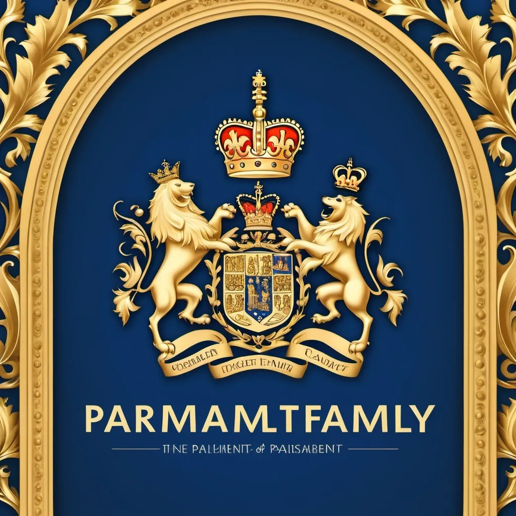 Prompt: crea una slide per la copertina di un powerpoint elegante blu e oro su parlamento e famiglia reale
