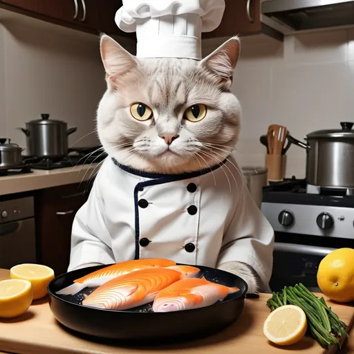 Prompt: generate image that cat cooking fish