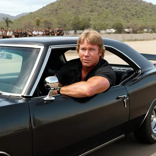 Prompt:  Steve Irwin sitting in a black 1970 dodge charger in a fast and furious scene.