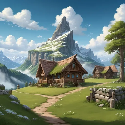 Prompt: Wooden huts, wheel of time village, lush green meadow, small porch, tall peak with snow, fantasy art, mystic, fluffy clouds, clear blue skies, highres, detailed, fantasy art, natural, mystical, fluffy clouds, clear skies, wooden textures, atmospheric lighting, big cliff on the right side