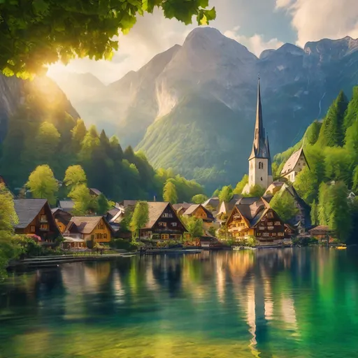 Prompt: Hallstatt village by crystal clear lake, lush oak trees, tiny wooden houses, highres, fantasy art, tall mountain, vibrant green, detailed reflections, tranquil atmosphere, surreal, picturesque scenery, idyllic setting, crystal clear water, serene, ethereal lighting, whimsical, enchanting, fairy tale vibes