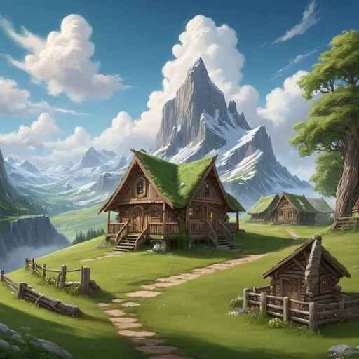 Prompt: Wooden huts, wheel of time village, lush green meadow, small porch, tall peak with snow, fantasy art, mystic, fluffy clouds, clear blue skies, highres, detailed, fantasy art, natural, mystical, fluffy clouds, clear skies, wooden textures, atmospheric lighting, big cliff on the right side