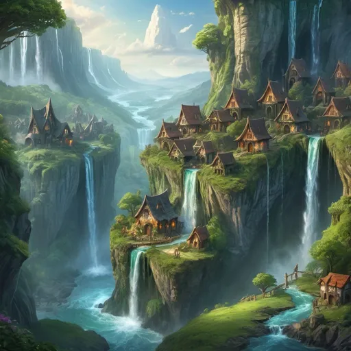 Prompt: Dramatic fantasy illustration of an enchanting elf village on a cliff, cascading waterfall, lush greenery, mystical atmosphere, high quality, detailed, fantasy, dramatic lighting, vibrant colors, detailed architecture, ethereal, mystical, fantasy landscape, flowing water, magical, picturesque, whimsical, fantasy art, breathtaking scenery, fantasy village, mystical waterfall, immersive environment
