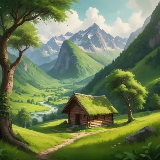 Prompt: Tiny wooden hut nestled in a green valley, lush trees, mountain peaks, nature, 4k resolution, oil painting, realistic, natural lighting, green tones, peaceful atmosphere