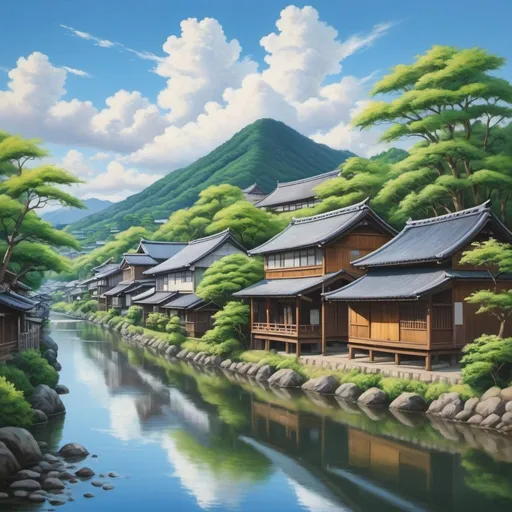 Prompt: Serene Japanese village with traditional architecture, lush greenery, tranquil blue river, clear blue skies, fluffy clouds, traditional wooden buildings, peaceful atmosphere, detailed,  calm and soothing color tones, soft natural lighting, realistic, dramatic clouds, oil painting