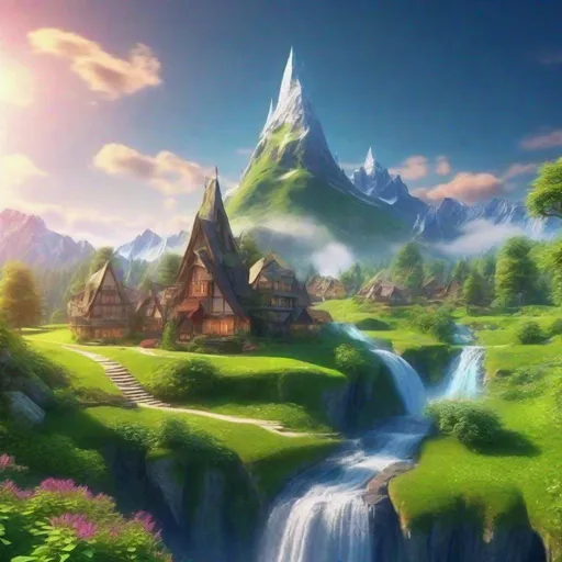 Prompt: Dramatic mountain peak overlooking serene meadow, charming elf village on waterfall, lush greenery, crystal-clear waterfall, high quality, detailed 3D rendering, fantasy, peaceful atmosphere, natural lighting, vibrant colors, magical ambiance