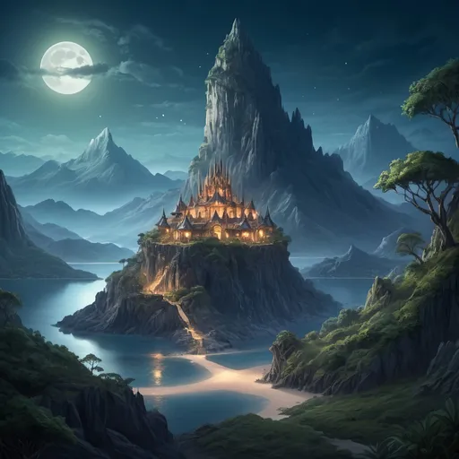 Prompt: Mystical elf kingdom on an island, tall central structure, high mountain backdrop, moonlit scene, detailed fantasy landscape, high quality, digital painting, mystic fantasy, moonlit, ethereal, detailed architecture, enchanting moonlight, fantasy art, mystical atmosphere, mountain silhouette, island setting, otherworldly, professional, atmospheric lighting