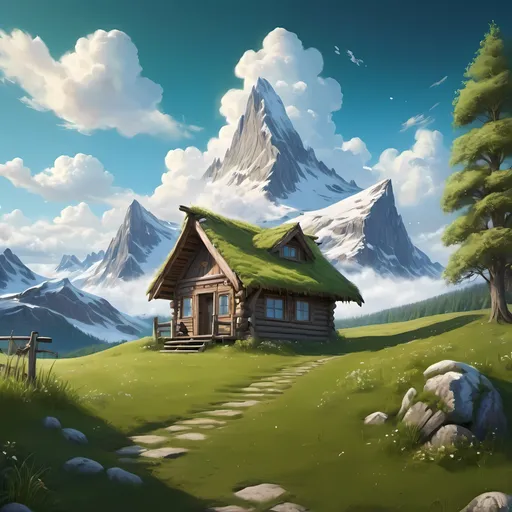 Prompt: Wooden hut, lush green meadow, small porch, tall peak with snow, fantasy art, mystic, fluffy clouds, clear blue skies, highres, detailed, fantasy art, natural, mystical, fluffy clouds, clear skies, wooden textures, atmospheric lighting