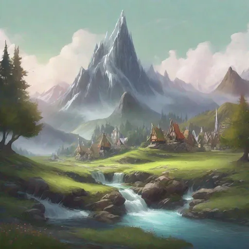 Prompt: a quiet meadow with a dramatic mountain peak in the background. elf village on a waterfall. 