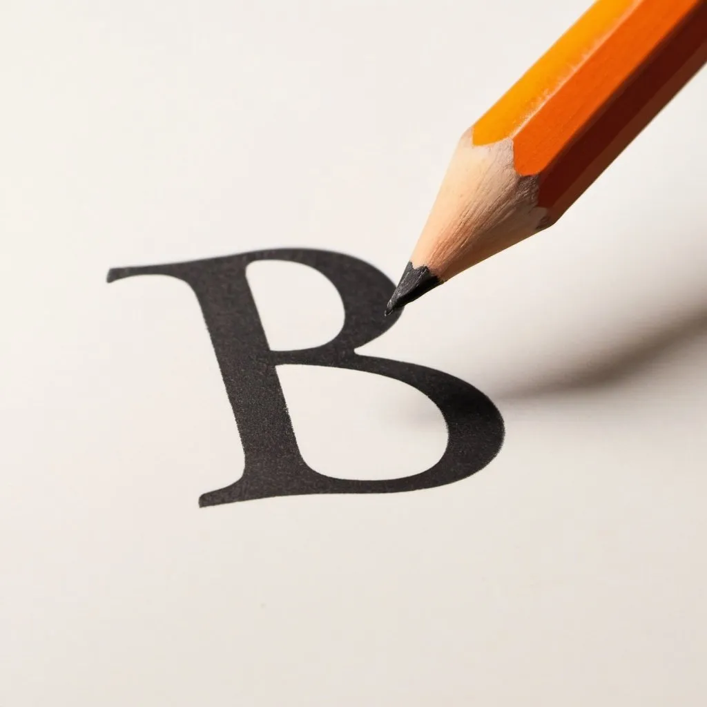 Prompt: A pencil of orange color with black stylus on it draws a B letter in a Copperplate calligraphy style in making