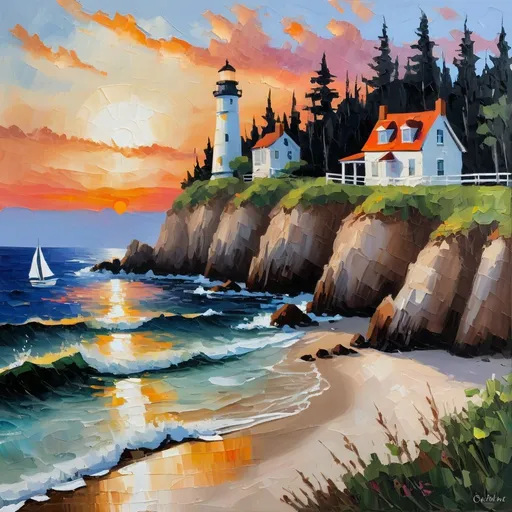 Prompt: A palette knife style oil painting of a sunset over a beach with a very low saturation color palette.
The scene should include an attractive house on the cliff. A sailboat near the lighthouse in palette knife style oil painting.