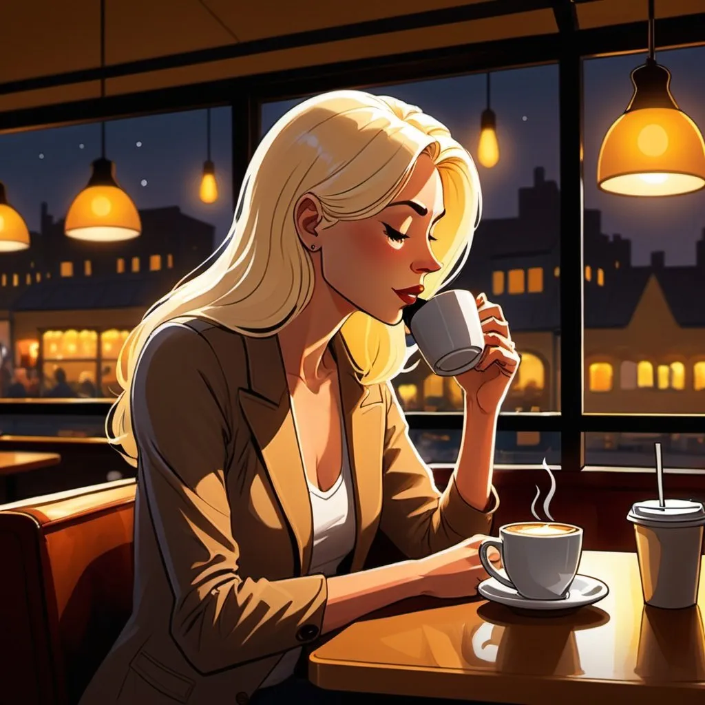 Prompt: Cartoon of a tall blonde woman, alone in a coffee shop, sipping coffee, highres, ultra-detailed, professional, atmospheric lighting, beautiful, mysterious, urban setting, comforting ambiance, warm tones, drawn, cartoon