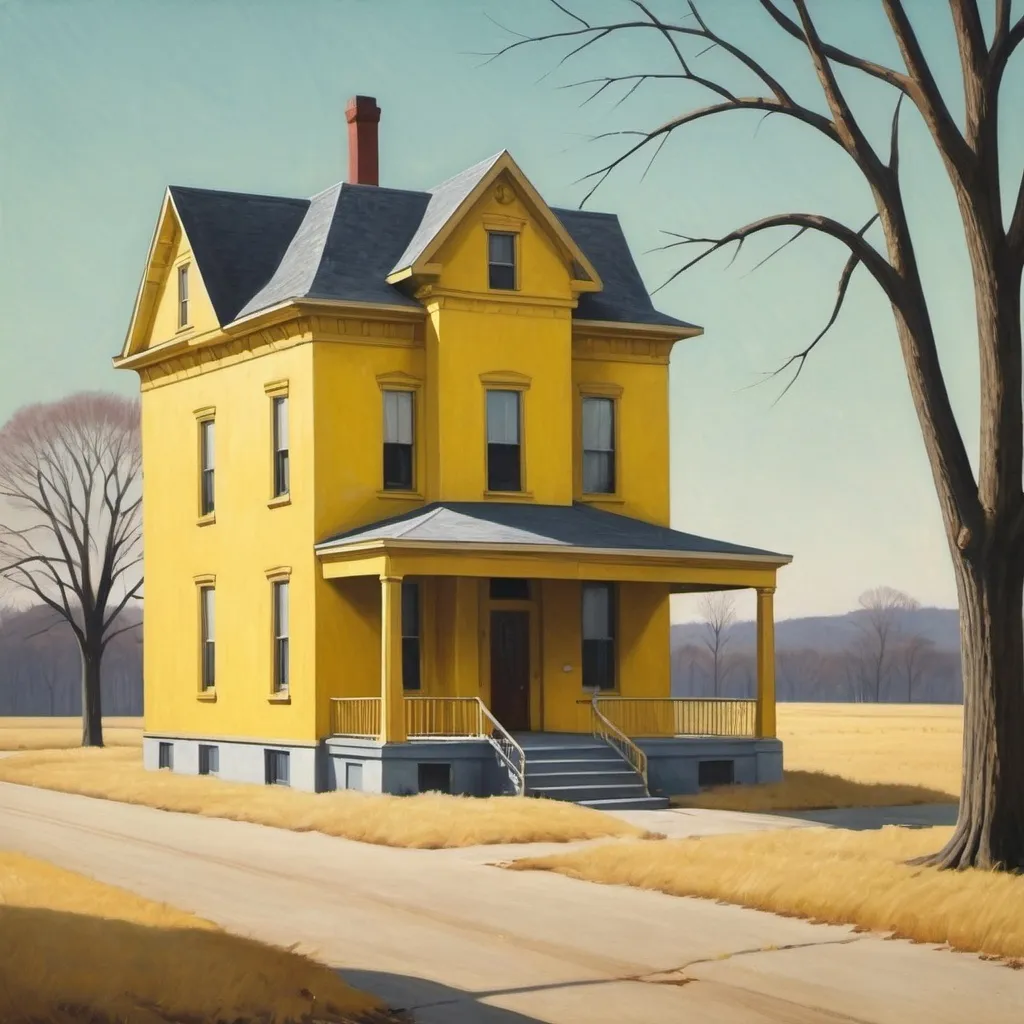 Prompt: Create an Edward hopper type painting of a yellow art deco house on an empty gravel road with a large tree with no leaves in the distance