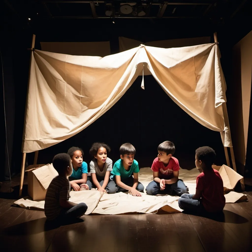 Prompt: 10 Multicultural children playing inside a theatre stage. They are pretend playing making a fortress with  sheets,  living room cushions and cardboar boxes. The fortress looks like a tent made with a sheet. It´s crooked and messy. The lighting is very dim, only spotlights on the fortress. We see the rest of the stage and it´s dark. The image is viewed from the auditorium sitting