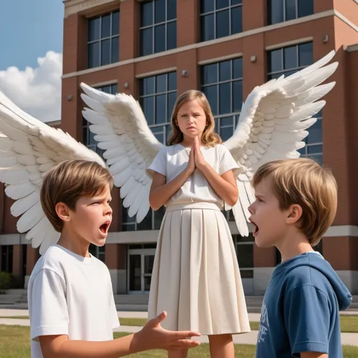 Prompt: Realistic photo of a 7-year-old boy arguing with his digital image of guardian angel, school building in the background. Guardian angel is adult size looking over boy. Boy is arguing with angel.