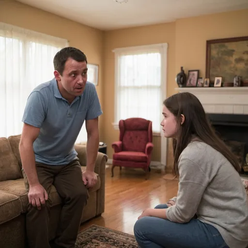 Prompt: Photograph of  35-year-old man in his living room talking to his 20-year-old daughter