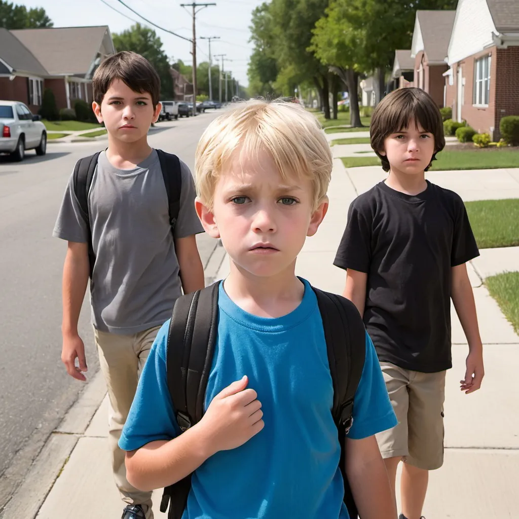 Prompt: blonde 8 year old boy on way home from school stopped on sidewalk and threatened by two dark haired older boys