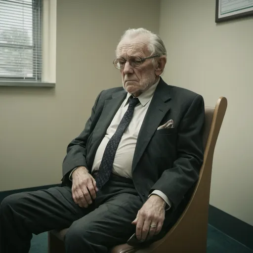 Prompt: An old man in a suit  and tie is slouched in a  chair in a doctor's waiting room.