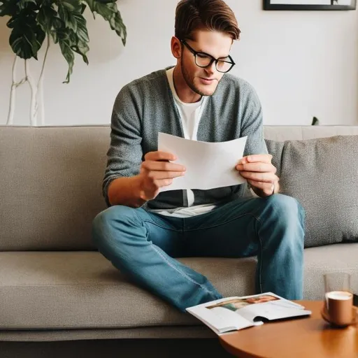 Prompt: A white man about 25-years old is sitting on a couch next to a coffee table.  He is holding a postcard . He is reading something  that is making him sad.