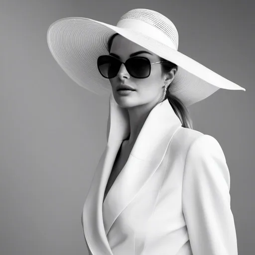 Prompt: <mymodel> Fashion design work feauturing a (Chanel) female model wearing minimalist women’s clothing, wearing a big hat and Chanel sunglasses, shot in a Bauhaus buiding with bright and soft lighting, creative a minimalist and sleek style with a sense of sophistication and high end feeling, fine lines and intricate details, realistic anatomies, Nikon D800