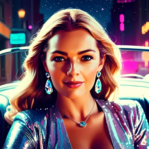 Prompt: A stylish, glamorous woman with voluminous, wavy hair, adorned with sparkling earrings and a necklace, sitting in a vintage convertible car. The scene is illuminated with vibrant neon lights, giving it a retro-futuristic feel. The background features a dark, serene night with subtle highlights, while the woman’s outfit shimmers with a glittery, iridescent texture. The overall atmosphere is one of elegance and sophistication, with a touch of dreamy, otherworldly charm. The composition focuses on the upper half of the woman’s body, capturing her confident and poised demeanor.
