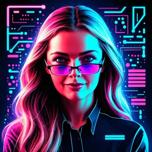 Prompt: Create a stylized digital illustration of a female programmer in vibrant neon colors (pink, blue, and black). The figure should be facing forward, with flowing hair and a modern, futuristic vibe. The background should feature programming symbols like code tags, curly braces, and other coding-related elements to create a clear connection to programming. The overall style should be clean, bold, and dynamic