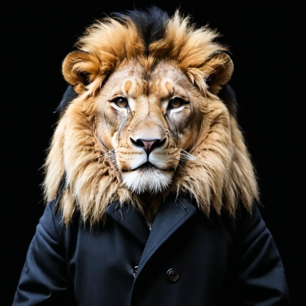 Prompt: lion with coat and black bg