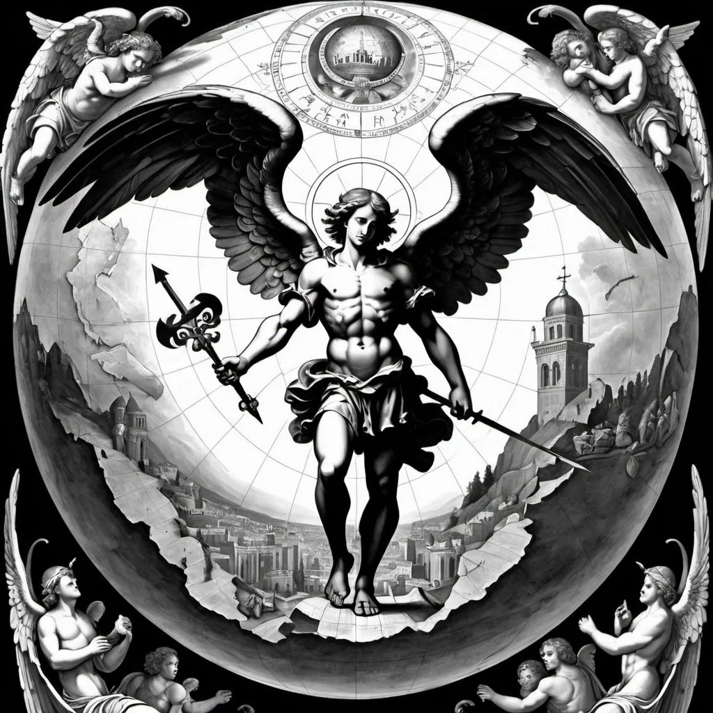 Prompt: Incorporate a determined, strong looking St. Michael defeating a broken winged satan.  Create a background of a renaissance style flat globe with Jerusalem as the center of the Earth. Make the image in black and white. Add the creation of man in the right side of the back ground. 