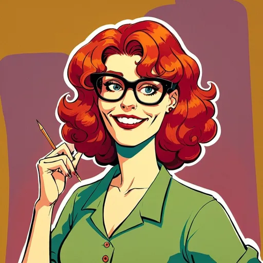 Prompt: a woman with red hair and glasses putting a hand on her chin in a cartoon style, Ada Gladys Killins, verdadism, promotional image, a character portrait