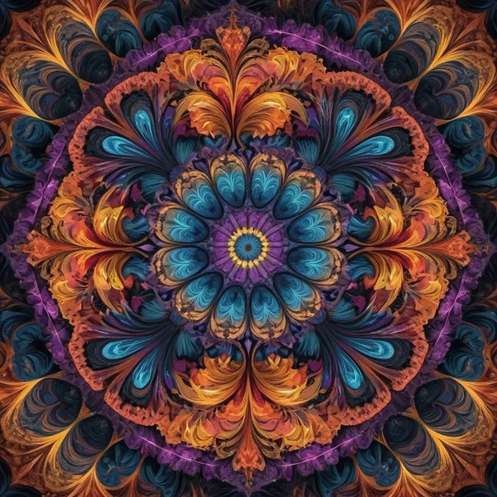 Prompt: A kaleidoscope of colors forming intricate, fractal patterns. The design should be dynamic and continuously shifting, evoking a sense of infinite creativity and movement