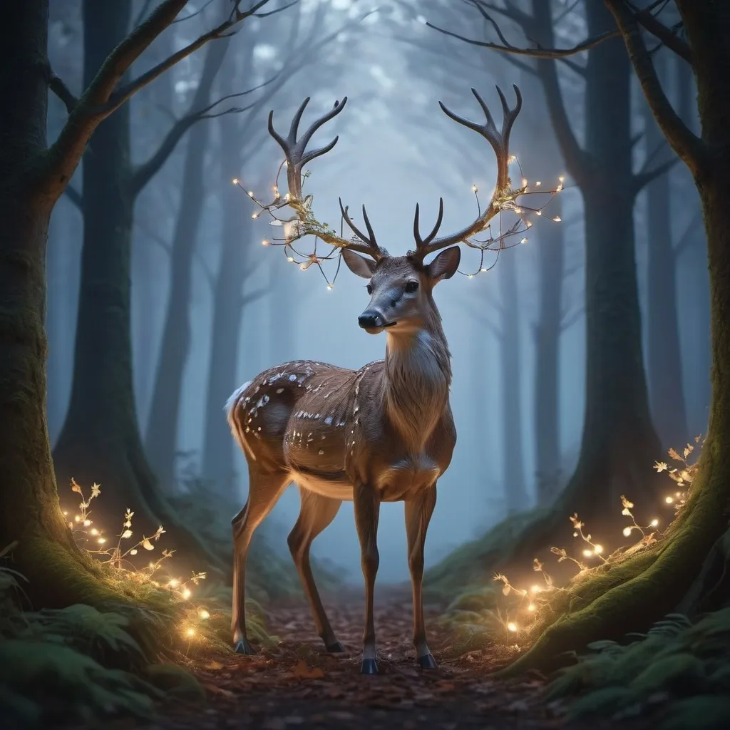 Prompt: Create a visually stunning video set in a serene, twilight forest. The scene features soft, ethereal lighting filtering through the trees, illuminating a path covered in moss and fallen leaves. A gentle mist rolls through the forest, adding a mystical ambiance. In the distance, a silhouette of a majestic deer appears, its antlers adorned with glimmering fairy lights. The background is filled with the sounds of rustling leaves and distant, soothing bird calls. The video should evoke a sense of peace, wonder, and enchantment, capturing the magical beauty of nature at dusk.