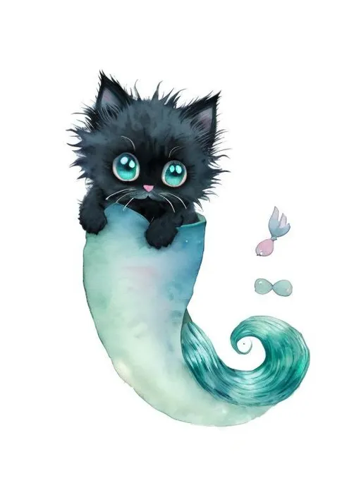 Prompt: Fluffy black kitten with huge dreamy eyes, small head;  short limbs; and beautiful green mermaid tail;  it is in the blue ocean in the background; dreamy; watercolour; pastel and soft tone and soft stroke; digital art