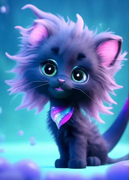 Prompt: Fluffy black kitten with huge dreamy eyes, small head;  short limbs; and beautiful green mermaid tail;  it is in the blue ocean in the background; dreamy; vibrant colours; 3D pixar render; delicate details