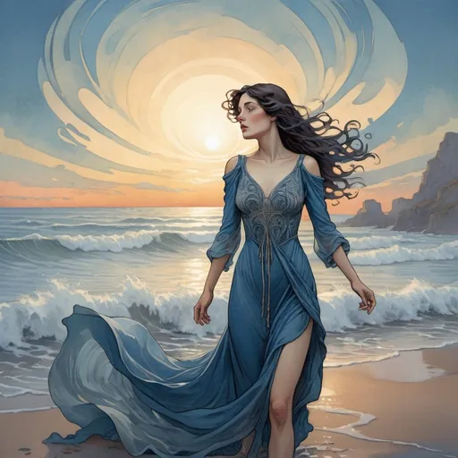 Prompt: Artistically rendered art nouveau  illustration of a mysterious brunette woman wearing a torn blue gown, emerging through ocean onto a beach, at sunrise, mist swirling around her, front view, long distance, she is looking up to the sky