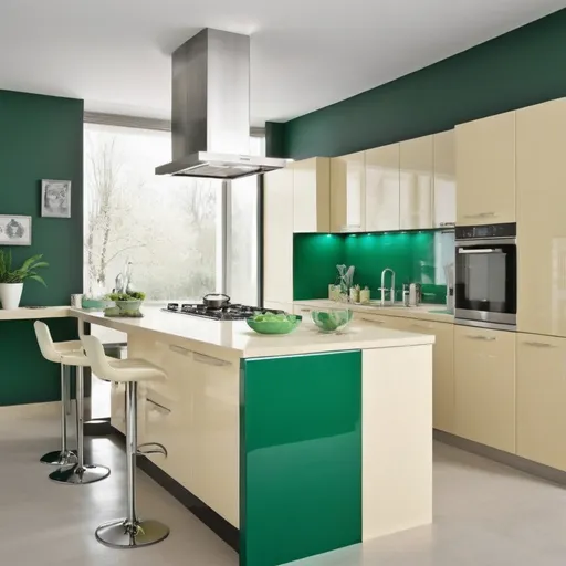 Prompt: modern kitchen design in light colors and emerald, vanilla, gray tones