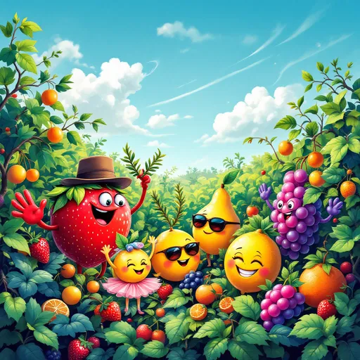 Prompt: . Intro Scene
Image Prompt: A colorful fruit garden with trees, vines, and a sunny sky.

Action: The fruits (with human-like features) wave at the camera and say, “Come play with us!”

Music: A cheerful, upbeat tune with playful sound effects.