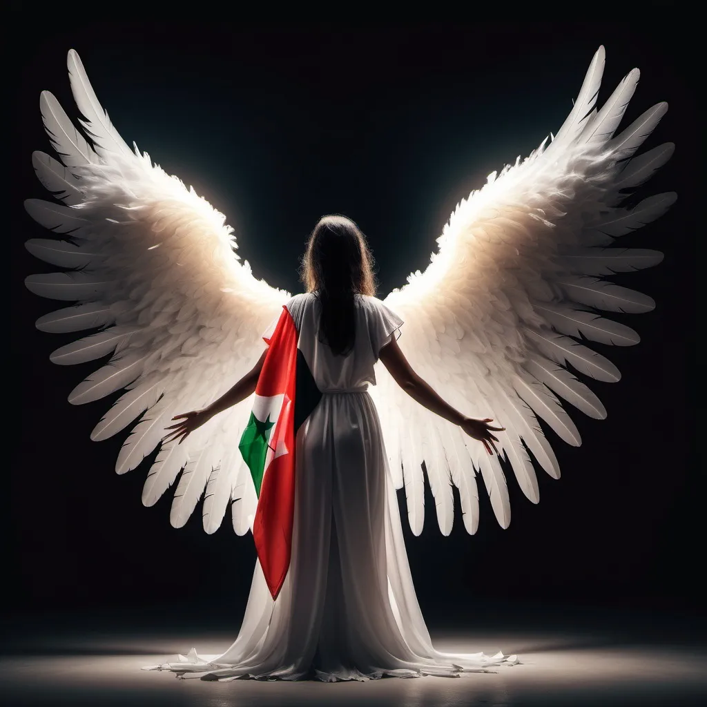 Prompt: an angel with big feather wings standing in the dark background only a light above her with wings in slightly disaturated colors of the Syrian flag