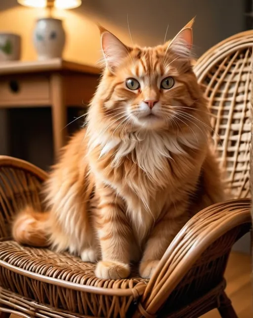 Prompt: (long haired ginger cat), sitting on a tiny wicker chair, interacting with an iPhone, playful demeanor, cozy atmosphere, warm lighting, soft texture of the cat’s fur, intricate details of the wicker chair, comfortable indoor setting, high-quality image, ultra-detailed, charming and whimsical vibe.