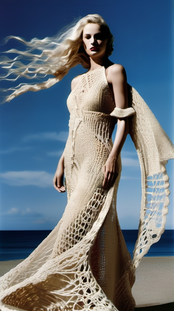 Prompt: Salvador Dalí style vision, surrealist, dreamlike, precise,  beautiful blonde fashion model wearing a long crochet evening dress  flowing in the wind 