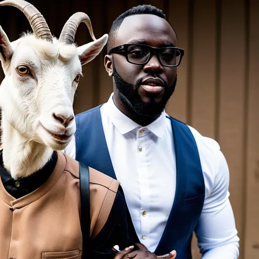 Prompt: Maitre Gims with a goat on his shoulder wearing glasses