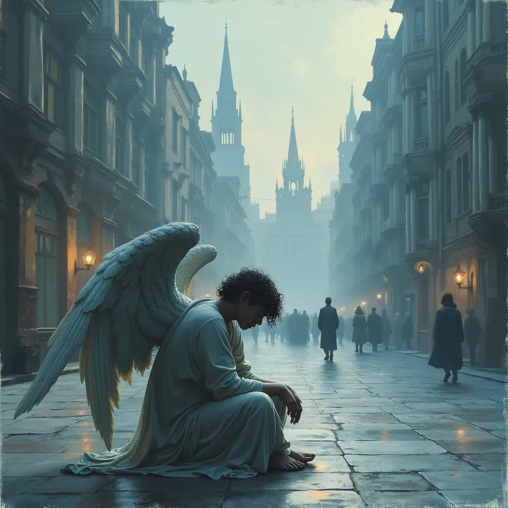 Prompt: Renaissance style artwork, a melancholic angel sitting in a vast urban square, cool color scheme enhancing the somber atmosphere, intricate architectural details of the cityscape in the background, soft, ethereal lighting casting gentle shadows, ultra-detailed, masterful brushstrokes bringing emotion and depth, captivating the viewer in a moment of reflection.